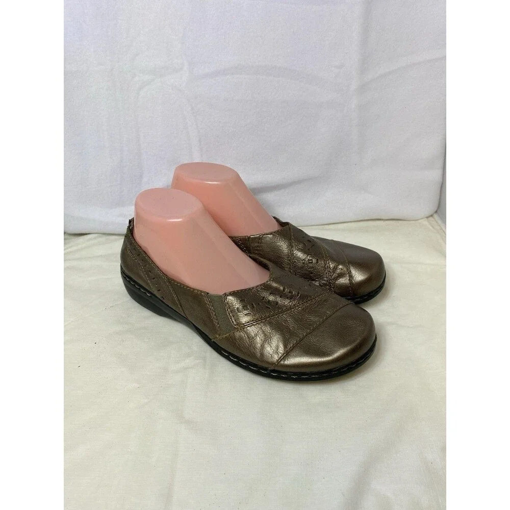 Clarks Evianna Fig4 Women's Pewter Leather Slip-on Loafers Shoe Size 9.5